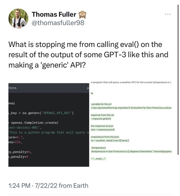 Screenshot of a tweet asking if it's possible to run eval on the response from ChatGPT.